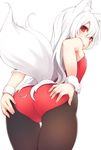  :o albino animal_ears ass bad_id bad_pixiv_id bangs blush borrowed_character bunnysuit commentary_request cowboy_shot fishnet_legwear fishnets from_behind hair_between_eyes hands_on_own_ass highres leotard long_hair looking_back open_mouth original pantyhose red_eyes red_leotard simple_background solo tail thighs trefoil tsunekichi white_background white_hair wrist_cuffs 