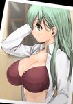  black_bra blurry blurry_background bra breasts collarbone green_eyes green_hair hair_between_eyes highres kantai_collection large_breasts long_hair long_sleeves open_clothes open_shirt photo_(object) shirt siesta_(artist) solo suzuya_(kantai_collection) underwear white_shirt 