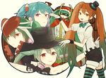  babylon_(vocaloid) bandages bangs belt bow bowtie collarbone garter_straps green_eyes green_hair hair_ornament hat hatsune_miku helmet long_hair looking_at_viewer mask mini_hat mini_top_hat mrs.pumpkin_no_kokkei_na_yume_(vocaloid) multicolored_hair multiple_girls open_mouth orange_eyes pink_eyes project_diva_(series) project_diva_x puffy_short_sleeves puffy_sleeves short_sleeves shorts simple_background slow_motion_(vocaloid) smile streaming_heart_(vocaloid) striped striped_legwear tanaka_miz thighhighs top_hat twintails vocaloid 