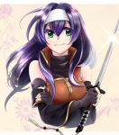  1girl black_gloves black_sleeves blue_hair breasts cropped_torso crossed_arms cyaca_ab detached_sleeves fingerless_gloves fire_emblem fire_emblem:_akatsuki_no_megami floating_hair gloves green_eyes hair_between_eyes holding holding_sword holding_weapon long_hair long_sleeves looking_to_the_side medium_breasts nintendo shiny shiny_hair smile solo sword very_long_hair wayu_(fire_emblem) weapon white_headband 