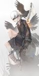  android belt_boots bird bird_wings black_footwear blindfold boots buckle choker collarbone gloves highres katana koou_ma lips long_sleeves male_focus nier_(series) nier_automata pale_skin shorts sitting solo strap sword weapon weapon_on_back white_hair wings yorha_no._9_type_s 
