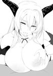  areolae beast_dominator breasts commentary_request drooling gloves greyscale hair_between_eyes highres horns huge_breasts inverted_nipples large_areolae long_hair long_sleeves looking_at_viewer monochrome nao_(ritsancrossover) nipples paizuri pointy_ears shadowverse sidelocks solo_focus tongue tongue_out 