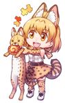  acea4 animal animal_ears animalization blonde_hair border cross-laced_clothes dress dual_persona elbow_gloves food full_body gloves high-waist_skirt japari_bun kemono_friends meme mouth_hold open_mouth polka_dot polka_dot_legwear serval serval_(kemono_friends) serval_ears serval_print serval_tail skirt sleeveless striped_tail tail thighhighs upper_teeth yellow_border yellow_eyes 