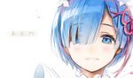  blue_eyes blue_hair blush character_name cocorip eyes_visible_through_hair hair_over_one_eye looking_at_viewer maid_headdress parted_lips portrait re:zero_kara_hajimeru_isekai_seikatsu rem_(re:zero) short_hair smile solo tears 