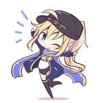  artoria_pendragon_(all) beni_shake black_hat black_legwear blonde_hair blue_eyes blue_jacket blush buruma chibi eyebrows_visible_through_hair fate_(series) hat jacket looking_at_viewer lowres mysterious_heroine_x one_eye_closed rojiura_satsuki:_chapter_heroine_sanctuary signature smile solo thighhighs underwear 