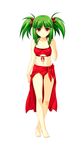  ass_visible_through_thighs bangs bare_legs bare_shoulders barefoot beatmania beatmania_iidx bikini blush breasts collarbone eyebrows_visible_through_hair full_body green_eyes hair_ornament halter_top halterneck highres hishimiya_tsugaru kinoshita_ichi looking_at_viewer medium_breasts navel red_bikini sarong simple_background solo standing swimsuit two_side_up white_background 