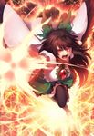  aiming_at_viewer arm_cannon black_hair black_legwear black_wings bow breasts cape fire green_bow green_skirt hair_bow kaiza_(rider000) large_breasts long_hair looking_at_viewer open_mouth puffy_short_sleeves puffy_sleeves radiation_symbol red_eyes reiuji_utsuho shirt short_sleeves skirt solo teeth thighhighs third_eye touhou weapon white_shirt wings 
