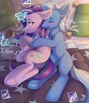  2017 absurd_res blush cutie_mark dialogue duo english_text equine female fensu-san feral friendship_is_magic glowing hair hair_brush hi_res hooves horn long_hair lying magic mammal multicolored_hair my_little_pony on_side photo starlight_glimmer_(mlp) text trixie_(mlp) two_tone_hair underhoof unicorn 