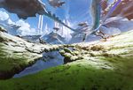  blue_sky cloud commentary_request day fantasy floating_island flying grass mocha_(cotton) no_humans original outdoors scenery sky sunlight tower 