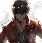  black_eyes black_hair drifters emblem glowing glowing_eyes grin isshiki_(ffmania7) jacket looking_at_viewer male_focus red_jacket shimazu_toyohisa smile solo upper_body 