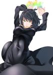  &gt;:) arms_up bangs black_dress black_hair breasts commentary_request covered_navel cowboy_shot dress fubuki_(one-punch_man) green_eyes highres jewelry long_sleeves looking_at_viewer medium_breasts necklace one-punch_man protected_link shio_pasta short_hair smile solo v-shaped_eyebrows 