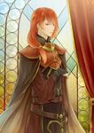  arm_at_side armor bangle bracelet breastplate bridal_gauntlets cape cowboy_shot curtains fire_emblem fire_emblem_echoes:_mou_hitori_no_eiyuuou gyakko hair_over_shoulder hand_up high_collar highres jewelry long_hair long_sleeves looking_away low_ponytail luthier_(fire_emblem) male_focus narrowed_eyes orange_eyes orange_hair sash shoulder_armor solo spaulders stained_glass tabard wide_sleeves window 