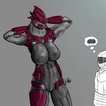  alien armor big_breasts breasts clothed clothing duo female grey_background halo halo_(series) hands_behind_head human male mammal mandibles muscular sangheili simple_background size_difference standing video_games weapon ximema 