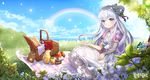  apple bad_id bad_pixiv_id baguette blanket blush bow bread eyebrows_visible_through_hair food fruit grey_eyes highres lemonade lolita_fashion long_hair looking_at_viewer original pantyhose picnic picnic_basket red_bow sandwich silver_hair sitting smile solo ttaji_(pass35) white_legwear 