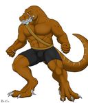  anthro blackjack2510 bulge claws clothing dinosaur elbestia extreme_dinosaurs firewind2510 male muscular paws raptor scalie simple_background solo standing theropod underwear 