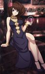 alcohol alternate_costume asymmetrical_hair bangle blue_eyes bracelet breasts brown_hair choker chou_megami_shinkou_noire_gekishin_black_heart cleavage commentary crossed_legs cup drinking_glass english_commentary eyebrows_visible_through_hair feet_out_of_frame flower hair_flower hair_ornament highres hostess jewelry large_breasts legs long_hair navel navel_cutout necklace neptune_(series) one_side_up pumps ryuuka side_slit sitting solo spike_wible strappy_heels wine wine_glass 