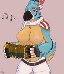  accordion anthro areola avian breasts breath_of_the_wild female kass_(zelda) looking_at_viewer musical_instrument nintendo nipples rito simple_background solo the_legend_of_zelda unknown_artist video_games 