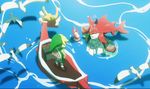  bird blonde_hair boat fishman from_above green_hat hat link male_focus monster_boy multiple_boys no-kan partially_submerged pointy_ears seagull shield sidon swimming the_king_of_red_lions the_legend_of_zelda the_legend_of_zelda:_breath_of_the_wild the_legend_of_zelda:_the_wind_waker time_paradox toon_link tunic water watercraft zora 