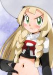  alternate_costume angry bangs black_gloves blonde_hair blunt_bangs blush braid cosplay elbow_gloves frown gloves hainchu hand_on_another's_stomach hat lillie_(pokemon) long_hair midriff musashi_(pokemon) musashi_(pokemon)_(cosplay) navel pokemon pokemon_(anime) stomach sun_hat sweatdrop team_rocket_uniform twin_braids upper_body 