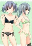  ;p absurdres bangs bare_arms bare_shoulders black_bra black_hair black_panties bow bow_bra bow_panties bra breasts eyebrows_visible_through_hair frown green_background green_bra green_panties grey_hair hair_ribbon headband highres kantai_collection kasumi_(kantai_collection) lace lace-trimmed_bra lace-trimmed_panties looking_at_viewer multiple_girls nagami_yuu navel one_eye_closed ooshio_(kantai_collection) panties pink_eyes ribbon scan short_hair side-tie_panties side_ponytail single_thighhigh small_breasts smile thighhighs tongue tongue_out underwear underwear_only yellow_eyes 