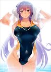 arms_up black_swimsuit competition_swimsuit long_hair looking_at_viewer one-piece_swimsuit original purple_hair red_eyes solo swimsuit takamura_wamu towel towel_on_head wet wide_hips 