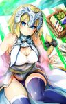  absurdres bare_shoulders blonde_hair blue_eyes blue_legwear blush braid breasts chain cleavage collar elbow_gloves fate/apocrypha fate_(series) food from_above gloves headpiece highres hiro_(yuto_noirm08) jeanne_d'arc_(fate) jeanne_d'arc_(fate)_(all) large_breasts long_hair looking_at_viewer metal_collar picnic_basket sandwich single_braid sitting sleeveless solo thighhighs very_long_hair 