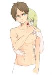  1boy 1girl abs artist_request bite_mark christa_renz eren_yeager hug nude shingeki_no_kyojin towel white_background 