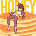  barefoot beard danganronpa facial_hair feet food full_body goatee honey jacket jacket_on_shoulders male_focus momota_kaito new_danganronpa_v3 open_mouth pancake pants purple_eyes purple_hair school_uniform shirt shoes short_hair simple_background single_shoe slippers slippers_removed smile spiked_hair wet wet_clothes 