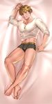  arm_up barefoot bed_sheet blonde_hair blue_eyes bulge clenched_hand collarbone dakimakura granblue_fantasy grin highres long_sleeves looking_at_viewer male_focus mixivsky pectorals shirt smile sweat vane_(granblue_fantasy) white_shirt 