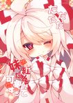  ;) ahoge bangs blush bow checkered checkered_background closed_mouth cover cover_page doujin_cover eyebrows_visible_through_hair flower fujiwara_no_mokou hair_between_eyes hair_bow hands_up head_tilt highres long_hair long_sleeves looking_at_viewer muuran one_eye_closed red_flower ribbon-trimmed_sleeves ribbon_trim sidelocks signature silver_hair sleeves_past_wrists smile solo touhou translation_request upper_body very_long_hair white_bow wide_sleeves 