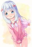  3: bangs blue_eyes blush bow collarbone commentary_request covering covering_crotch cowboy_shot d: dutch_angle embarrassed eromanga_sensei eyebrows_visible_through_hair hair_bow izumi_sagiri long_hair looking_at_viewer low-tied_long_hair no_pants nose_blush open_mouth pajamas panties petite pink_bow polka_dot polka_dot_panties pu-en silver_hair solo tareme underwear v-shaped_eyebrows white_panties 