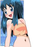  :d alternate_costume arms_up bare_shoulders blue_eyes blush crop_top hainchu hikari_(pokemon) long_hair looking_to_the_side midriff navel open_mouth pokemon pokemon_(anime) smile solo stomach upper_body 