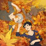  autumn_leaves black_hair blue_eyes blurry brown_eyes depth_of_field dog from_above jewelry katsuki_yuuri lying makkachin male_focus multiple_boys on_back one_eye_closed open_mouth ring silver_hair smile tongue tongue_out viktor_nikiforov you_(gay322k) yuri!!!_on_ice 