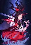  black_hair cup hair_ribbon horn japanese_clothes kaiza_(rider000) konngara red_eyes ribbon sakazuki sword touhou touhou_(pc-98) weapon wide_sleeves 
