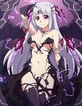  alternate_costume arm_up armpits black_gloves black_legwear breasts chaos_(shinkai_no_valkyrie) commentary elbow_gloves english_commentary forehead_jewel gloves headgear highres jewelry lavender_hair light_smile living_clothes long_hair medium_breasts navel necklace oracle_(shinkai_no_valkyrie) pendant purple_eyes revealing_clothes shinkai_no_valkyrie showgirl_skirt solo spike_wible thigh_gap thighhighs wings 