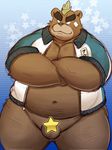  ashigara balls bandage bear body_hair censored clothed clothing eyebrows jacket lakopon male mammal mohawk musclechub overweight penis small_penis tokyo_afterschool_summoners topless 