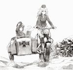  emblem flower girls_und_panzer greyscale ground_vehicle hand_on_headwear hat highres itsumi_erika kuromorimine_(emblem) kuromorimine_military_uniform ladic looking_away medium_hair military military_uniform monochrome motor_vehicle motorcycle multiple_girls nishizumi_maho on_motorcycle riding short_hair sidecar sitting translation_request twitter_username uniform 