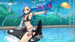  ;d arm_tattoo armpits bare_shoulders belt bikini blue_hair blue_sky braid breasts bullet day jewelry jinx_(league_of_legends) kuroonehalf ladder league_of_legends long_hair mountain navel necklace nerf_gun one_eye_closed open_mouth outdoors outstretched_arm pink_eyes pinstripe_pattern pool riding rocket_launcher sideboob sky small_breasts smile solo splashing stomach string_panties striped swimsuit tattoo tree twin_braids twintails water water_balloon water_gun weapon wet 