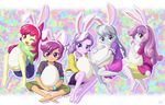  5girls apple_bloom barefoot blue_eyes blush braid bunny_ears bunny_tail diamond_tiara egg glasses green_eyes grey_hair grey_skin hairband hairclip happy long_hair multicolored_hair multiple_girls my_little_pony my_little_pony_equestria_girls my_little_pony_friendship_is_magic orange_eyes orange_skin personification pink_hair pink_skin purple_eyes purple_hair red_hair scootaloo shirt short_hair shorts silver_spoon skirt sweetie_belle two-tone_hair uotapo white_hair white_skin wrist_band yellow_skin 