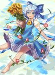  barefoot blue_bow blue_dress blue_eyes blue_hair bow cirno dress flower hidden_star_in_four_seasons holding ice ice_wings natori_youkai plant sky solo sunflower tan tanned_cirno touhou vines wings 