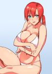 bikini blue_eyes boudica_(fate/grand_order) breast_hold breasts cleavage covering covering_breasts fate/grand_order fate_(series) folded_leg front-tie_bikini front-tie_top gradient gradient_background highres huge_breasts looking_at_viewer o-ring o-ring_bikini red_hair short_hair short_ponytail simple_background sitting smile solo sweatdrop swimsuit thick_thighs thighs underboob webslinger white_bikini 