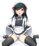  adapted_costume alternate_costume apron asashio_(kantai_collection) belt black_dress black_hair black_legwear blue_eyes blue_panties bulge buttons crossdressing dress embarrassed enmaided garter_straps genderswap genderswap_(ftm) hair_ribbon highres kantai_collection long_hair long_sleeves maid maid_headdress mizuki_eiru_(akagi_kurage) neck_ribbon otoko_no_ko panties pinafore_dress red_ribbon remodel_(kantai_collection) ribbon shirt side-tie_panties sweatdrop thighhighs underwear white_shirt 