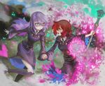  aqua_eyes belt blush boots cherry_blossoms croix_meridies glasses holding_hands hood hood_down knee_boots lavender_hair little_witch_academia long_hair multiple_girls open_mouth red_eyes red_hair shiny_chariot shiny_rod short_hair skirt visqi witch younger yuri 