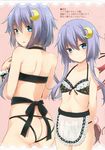  absurdres apron ass backless_panties bare_shoulders black_bra black_panties blue_eyes blush bow bow_bra bra breasts collarbone crescent crescent_hair_ornament hair_ornament highres kantai_collection looking_at_viewer looking_back multiple_views nagami_yuu navel panties purple_hair ribbon scan short_hair short_hair_with_long_locks small_breasts smile translation_request underwear wrist_cuffs yayoi_(kantai_collection) 