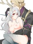  1girl armor blonde_hair breasts circlet closed_eyes clothed_male_nude_female cuddling dragon_girl dragon_horns female_my_unit_(fire_emblem_if) fire_emblem fire_emblem_if horns hug hug_from_behind long_hair looking_at_viewer mamkute marks_(fire_emblem_if) medium_breasts my_unit_(fire_emblem_if) nipples nude red_eyes robaco short_hair silver_hair simple_background white_background 