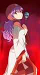  blush boots dragon_quest dragon_quest_ii dress dress_lift hood hyakuen_raitaa long_hair looking_at_viewer princess_of_moonbrook purple_hair red_eyes solo staff thighhighs 