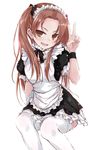  alternate_costume apron bow brown_eyes brown_hair choker commentary_request enmaided frilled_choker frilled_sleeves frills girls_und_panzer hair_bow kadotani_anzu long_hair maid maid_apron maid_headdress open_mouth puffy_short_sleeves puffy_sleeves short_sleeves simple_background sitting smile solo thighhighs twintails v white_background white_legwear yumesato_makura 