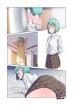  1girl @_by_spoon artist_name before_and_after blue_hair blush bra comic comic_strip female indoors lying on_stomach original panties schoolgirl sequential short_hair solo standing text thighs undressing white_panties yellow_eyes 