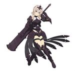  armor armored_boots black_shorts boots bow detached_sleeves full_body gauntlets grey_hair hair_bow hair_ornament headband holding holding_weapon knee_boots looking_at_viewer official_art red_eyes short_hair_with_long_locks short_shorts shorts sidelocks simple_background smile solo standing strea sword_art_online sword_art_online:_code_register thigh_strap weapon white_background 