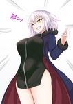  ahoge alternate_costume bangs black_dress breasts casual coat covered_nipples dark_persona dress evil_smile eyebrows_visible_through_hair fate/grand_order fate_(series) fur_coat highres isemagu jeanne_d'arc_(alter)_(fate) jeanne_d'arc_(fate)_(all) large_breasts looking_to_the_side open_clothes open_coat platinum_blonde_hair short_dress short_hair silver_hair simple_background smile solo_focus standing white_background wicked_dragon_witch_ver._shinjuku_1999 yellow_eyes 